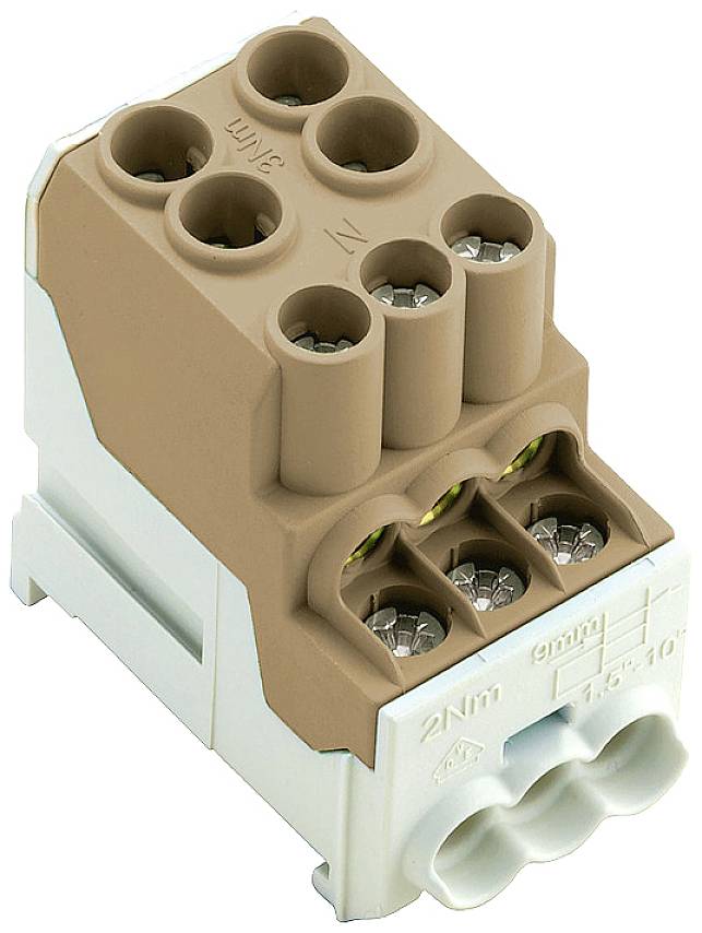 Connecteur électrique marron et blanc à six bornes avec des bornes à vis, adapté pour des câbles de 2,5 mm².