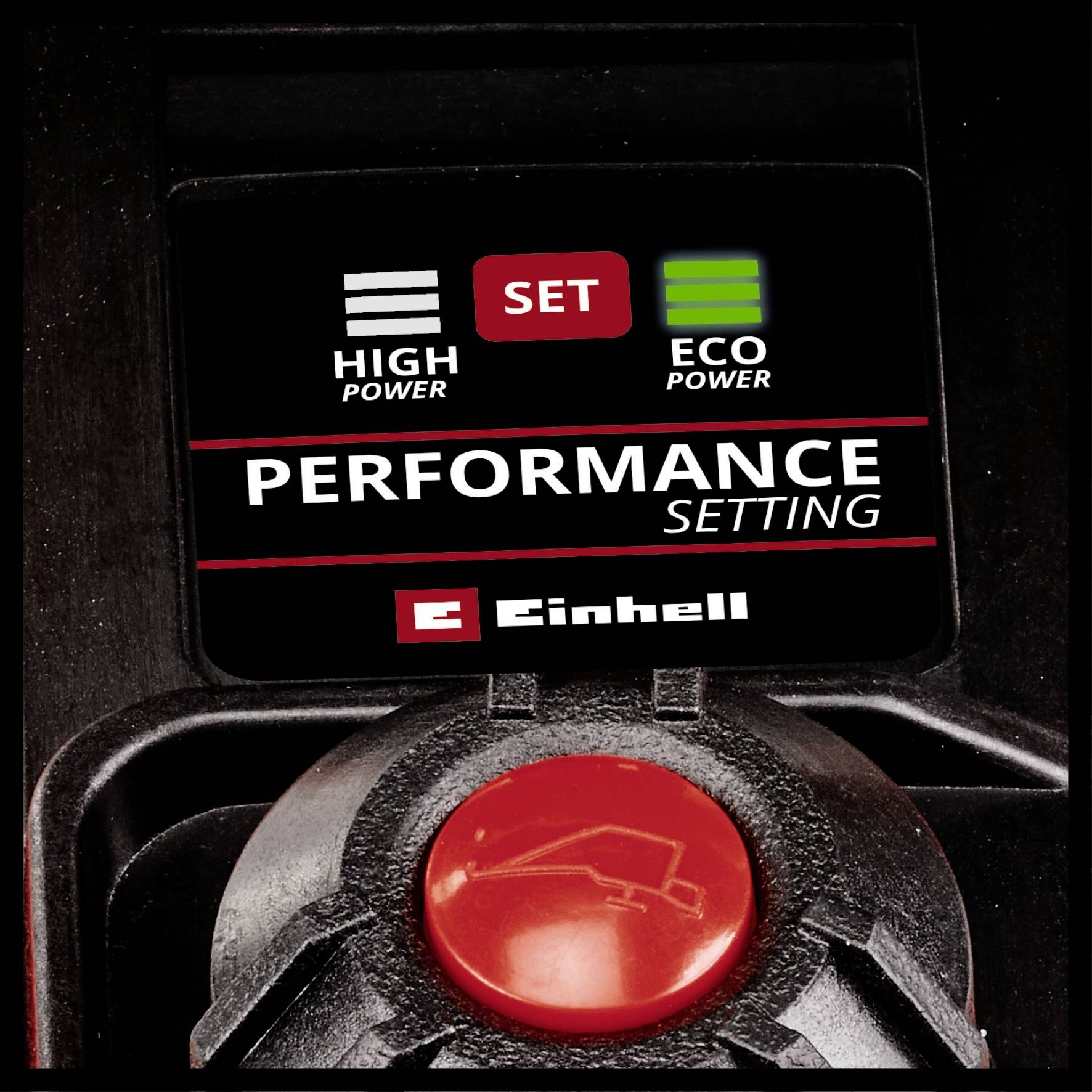 Réglage de Performance Einhell, affichant les options : 'Haute Puissance' et 'Éco Puissance', avec un bouton central rouge pour la sélection.