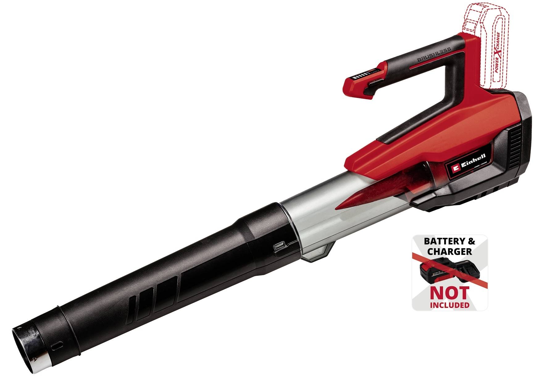 Un souffleur de feuilles rouge et noir portant la mention « Batterie et chargeur non inclus ». Le nom du modèle est visible sur le souffleur.