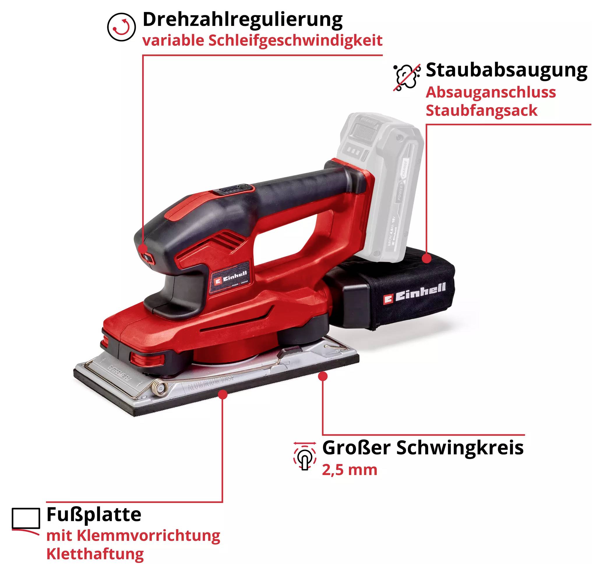 Ponceuse électrique rotative rouge avec régulation de vitesse, aspiration des poussières et plateau à fixation velcro.