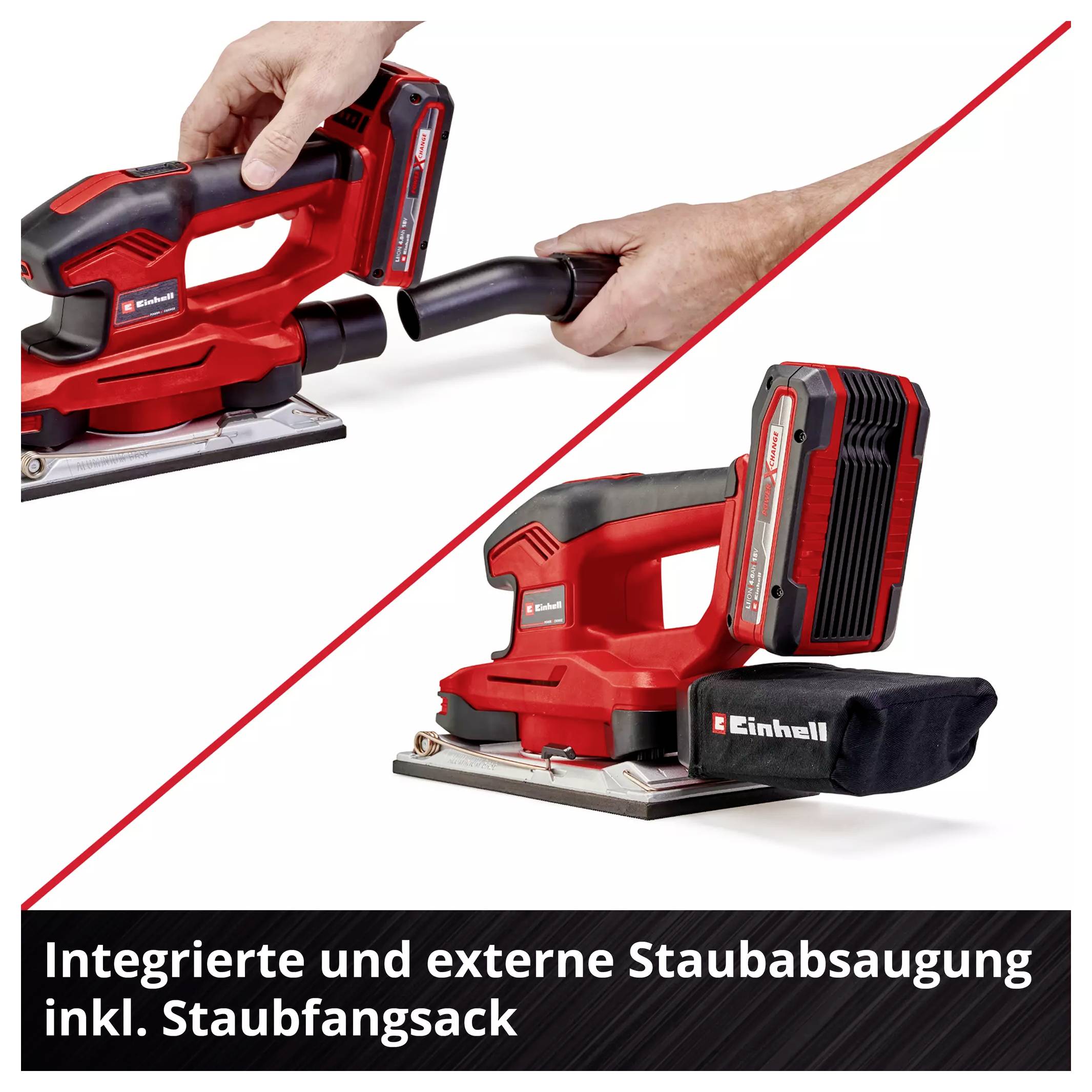 Deux vues d'une ponceuse orbitale Einhell : en haut, un tuyau d'aspirateur est connecté, en bas, avec un sac de collecte de poussière installé.