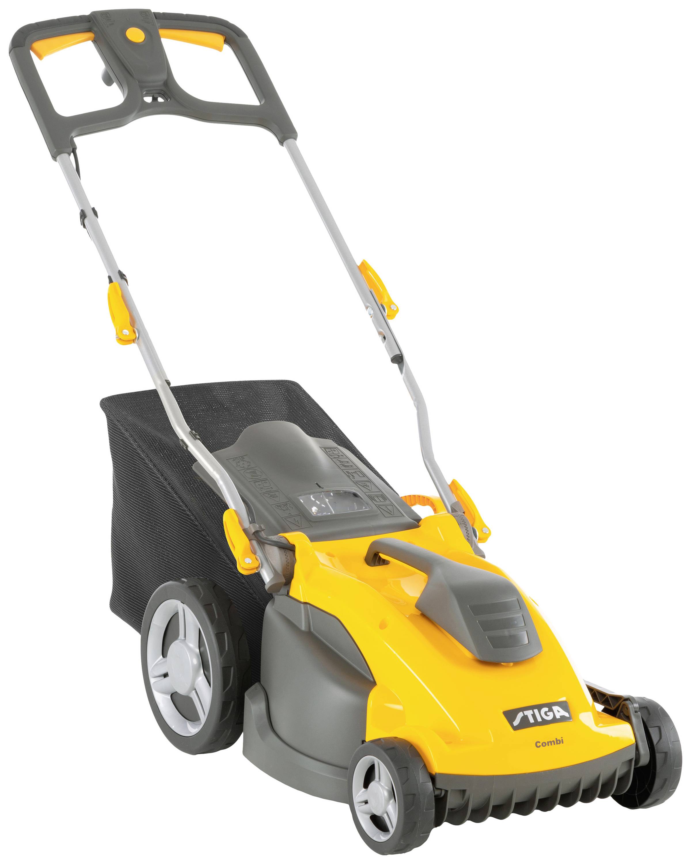 Un tondeuse à gazon jaune et grise avec un bac de ramassage et de grandes roues est dressée verticalement. Idéale pour les petits et moyens jardins.