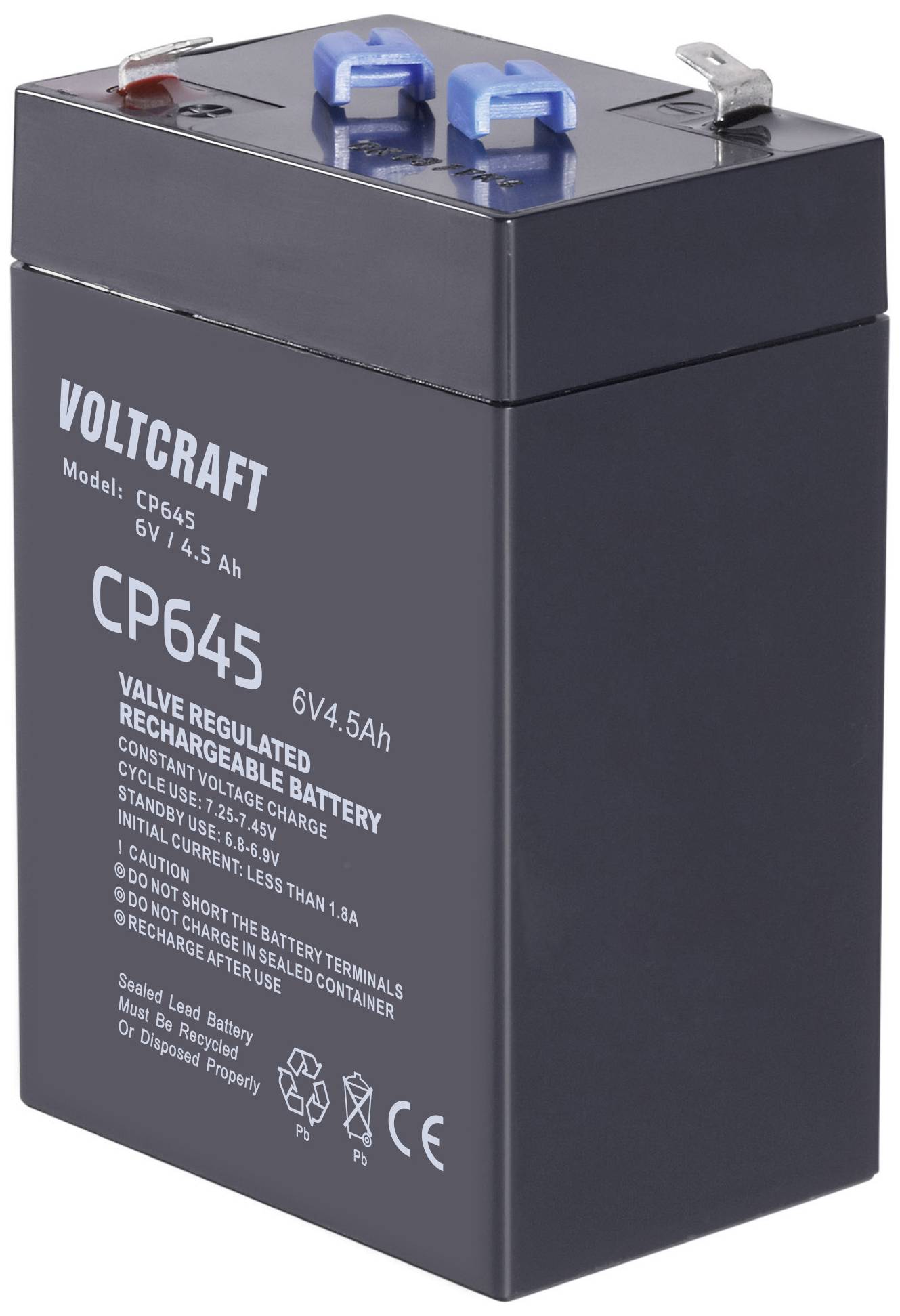Batterie rechargeable noire et rectangulaire Voltcraft de 6V, modèle CP645, équipée de bornes de connexion bleues et rouges.
