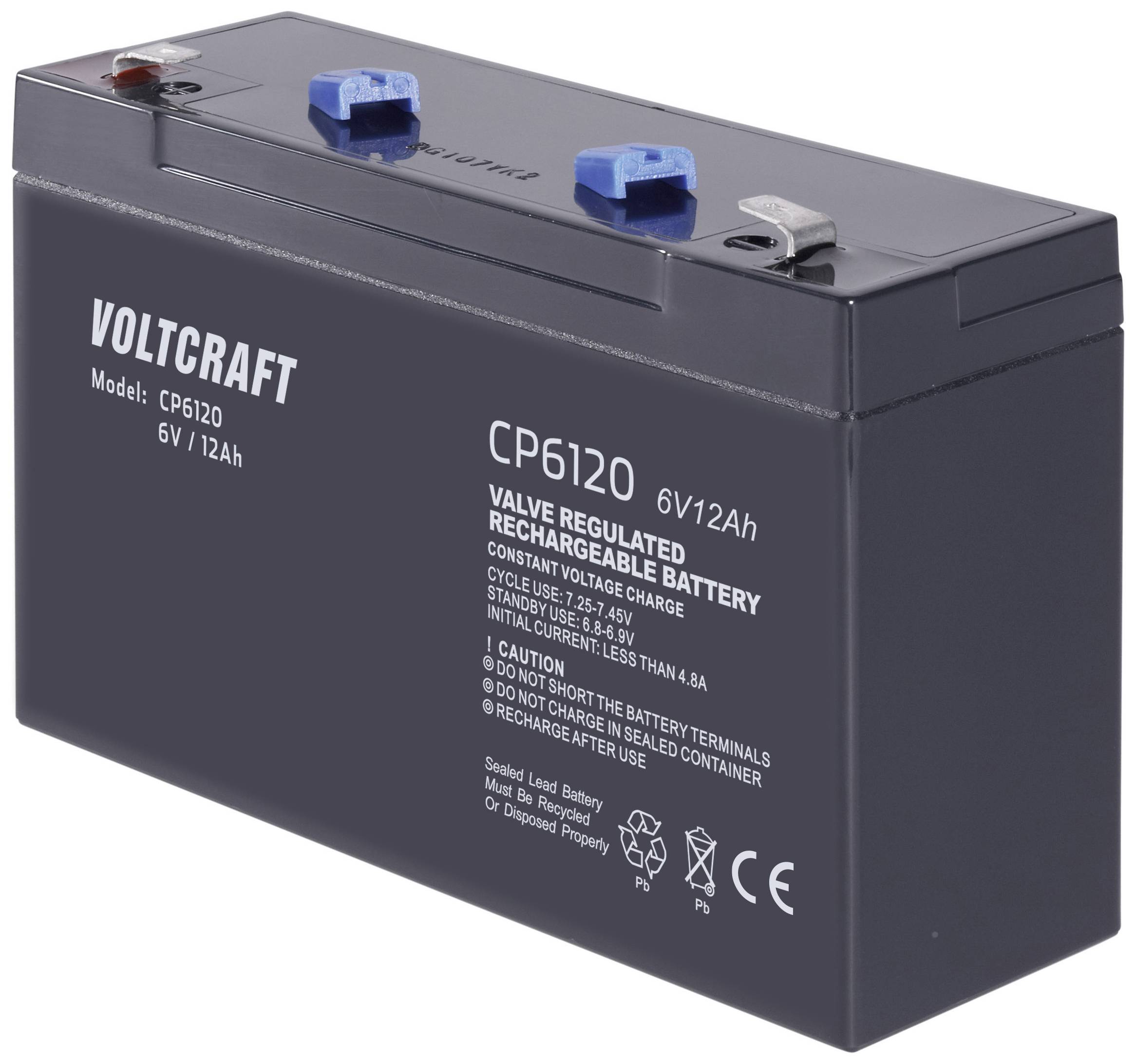 Batterie rechargeable à valve réglée 'Voltcraft CP6120', 6V/12Ah, avec des bornes bleues et rouges sur le dessus.