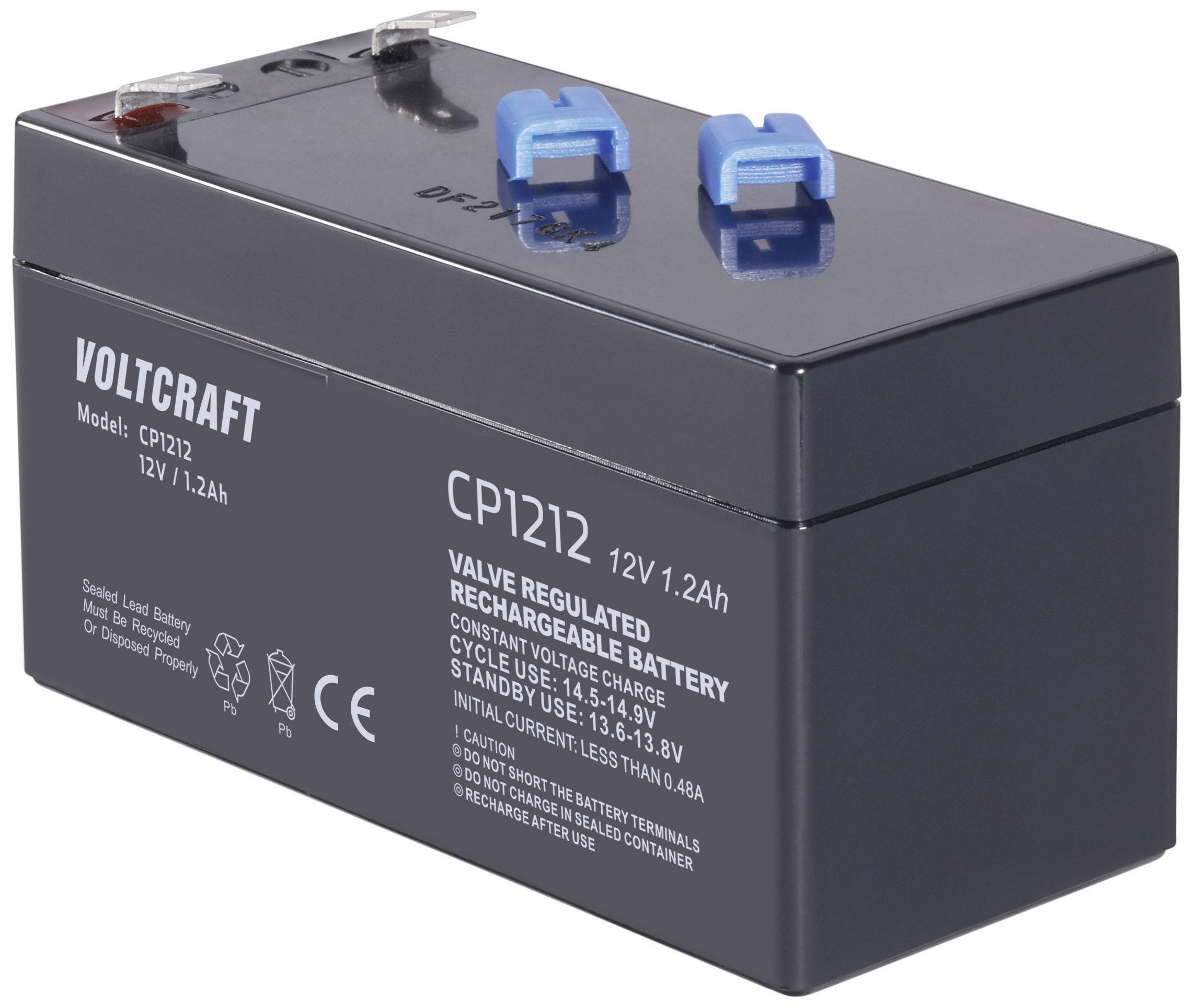 Batterie noire rechargeable 'VOLTCARFT CP1212' de 12V/1,2Ah. Texte et connexions visibles sur la face supérieure.