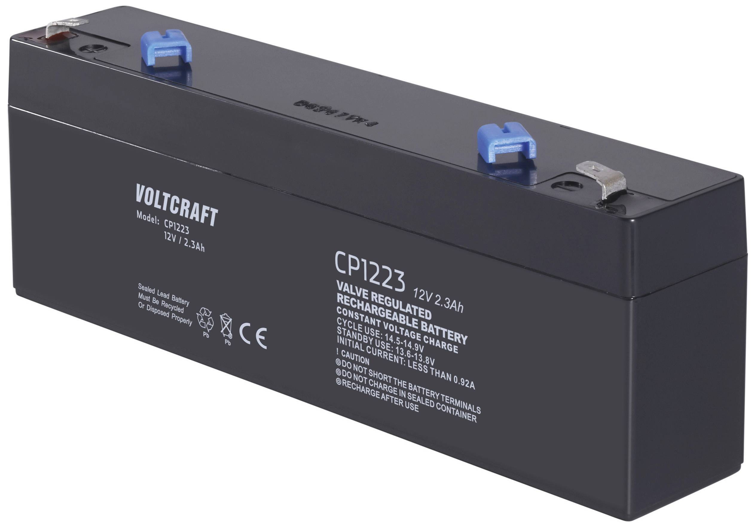 Batterie noire VOLTCRAFT, modèle CP1223, 12V, 2,3Ah, avec des fiches bleues et rouges sur le dessus, adaptée pour l'alimentation de secours.