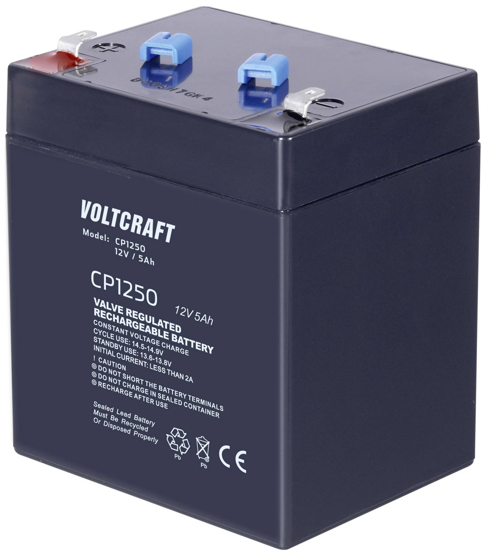 'Voltcraft CP1250' Batterie, 12V, 5Ah, noire, avec des connexions rouges et bleues en haut. Texte à côté des connexions : 'Ne pas court-circuiter'.