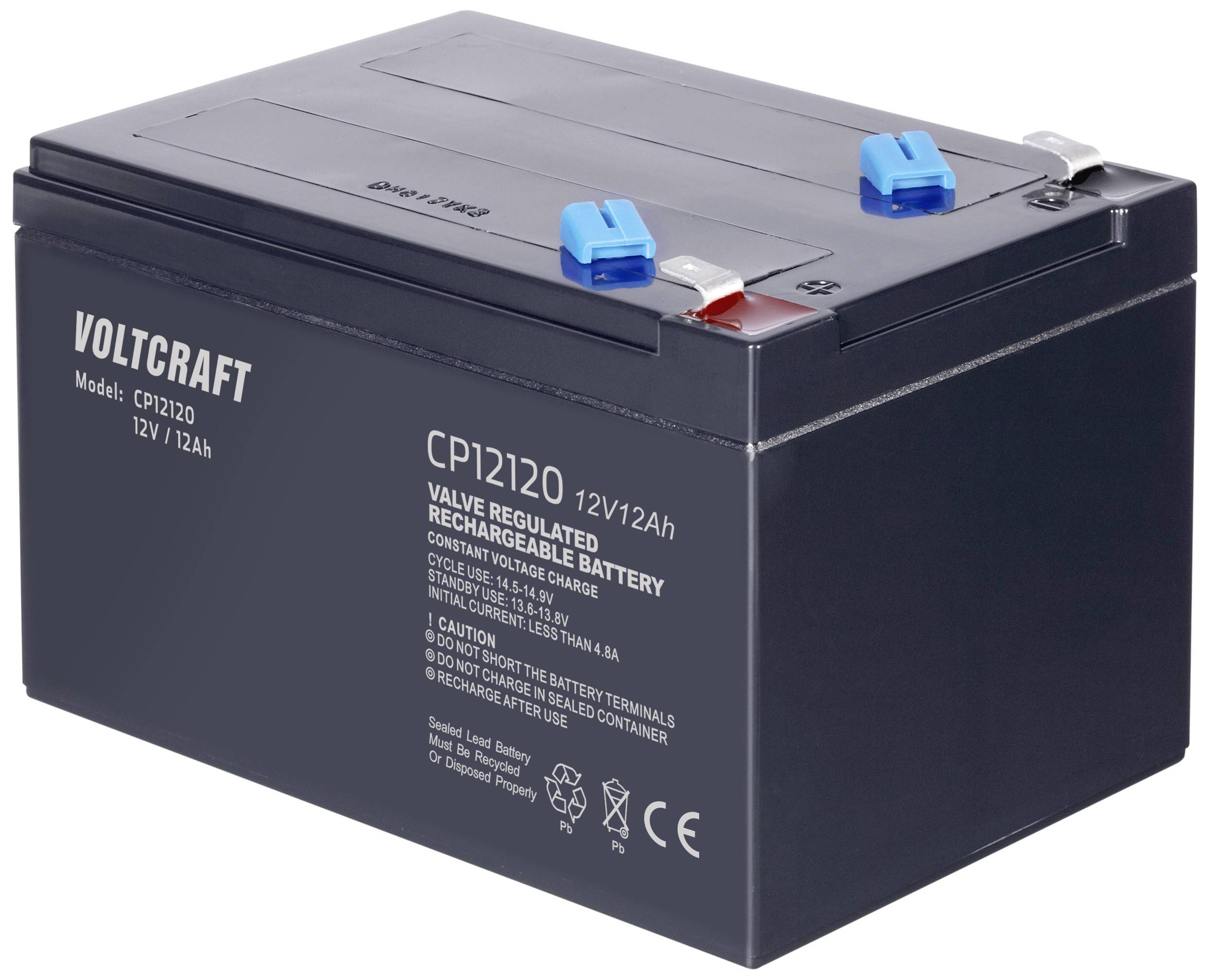Batterie noire Voltcraft 12V, modèle CP12120, avec des bornes bleues. Le texte sur la batterie indique les spécifications techniques.