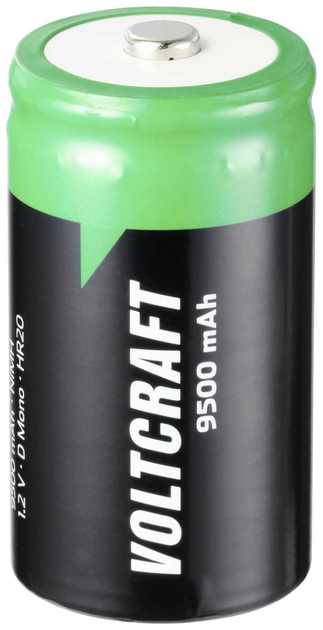 Une batterie verte et noire portant l'inscription 'Voltcraft 9500 mAh', type 1,2 V D Mono - HR20.