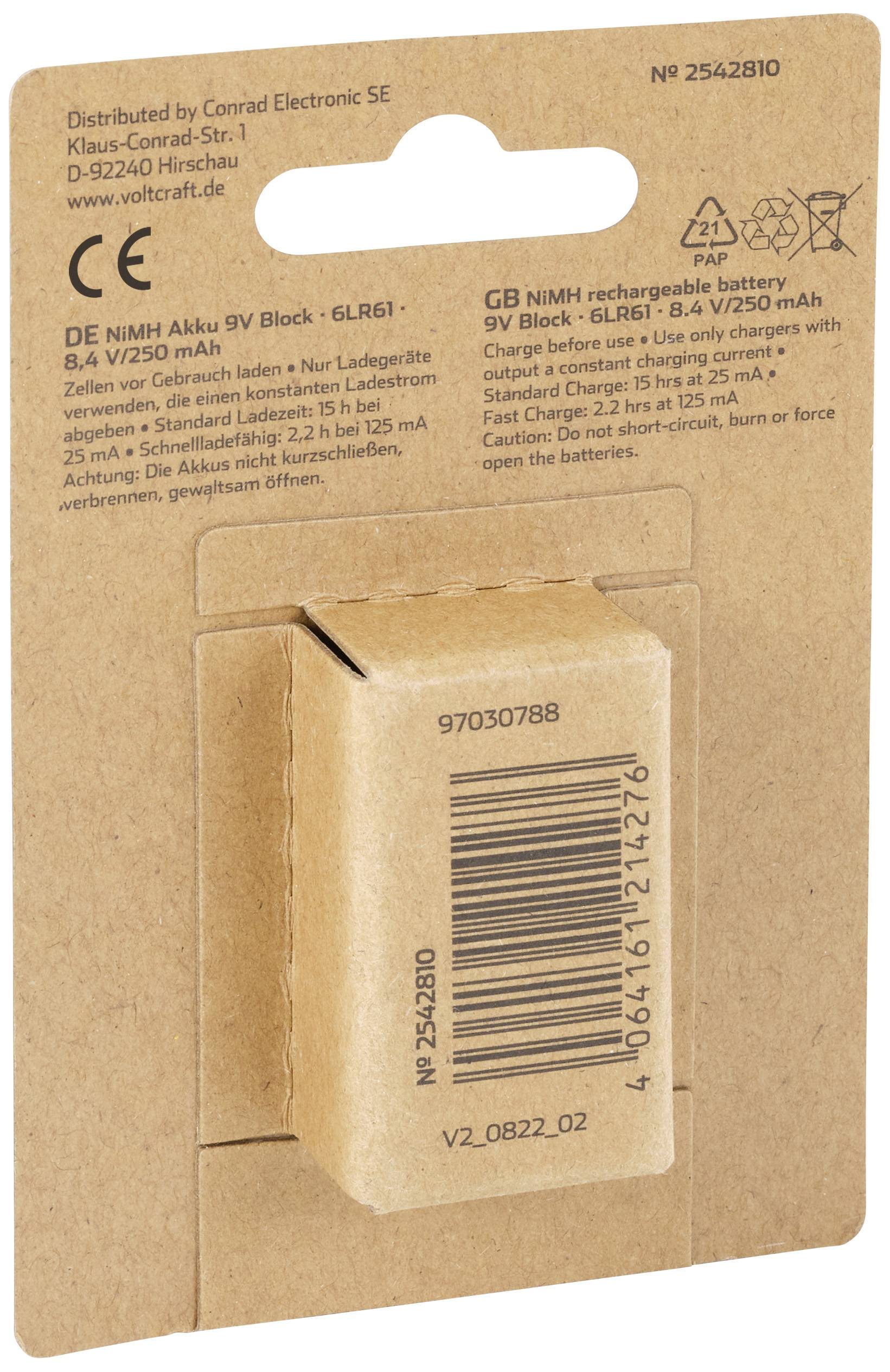 VOLTCRAFT 6LR61 Pile rechargeable 6LR61 (9V) NiMH 250 mAh 8.4 V 1 pc(s)