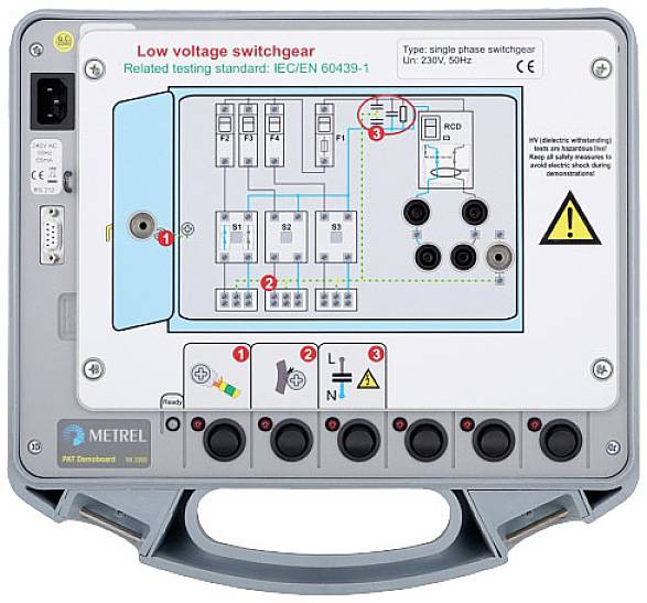 'Illustration d'un appareil de connexion basse tension selon la norme IEC/EN 60439-1 avec bornes de test, diagrammes et témoins lumineux.'