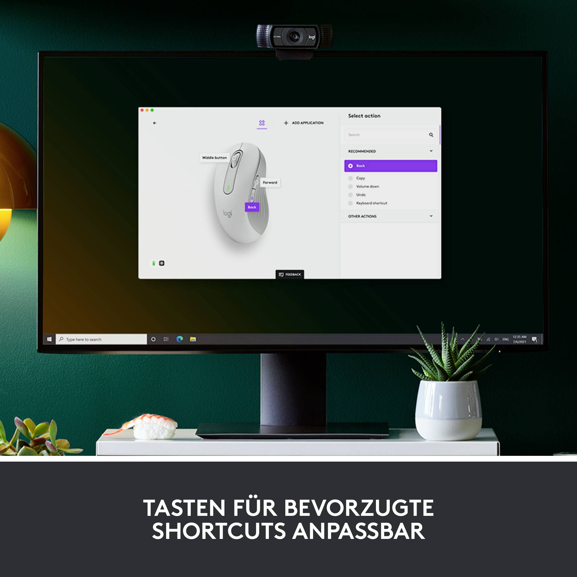 Un écran d'ordinateur affiche une interface logicielle de personnalisation des fonctions des boutons de la souris, à côté d'une combinaison de touches.