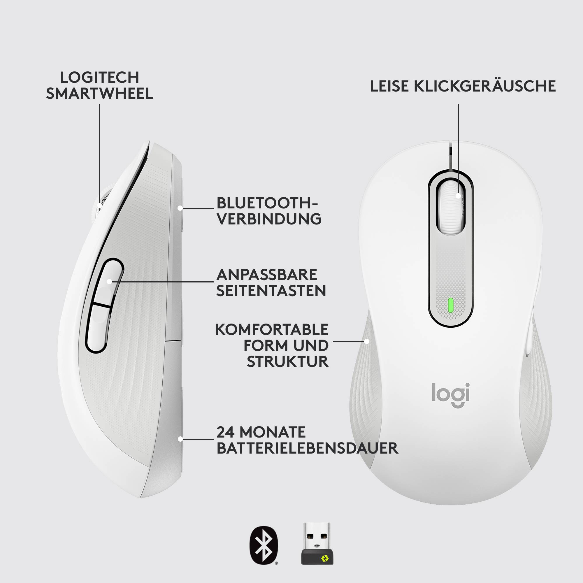 Souris sans fil avec connexion Bluetooth, roue intelligente, clics silencieux, touches latérales personnalisables, design ergonomique, autonomie de batterie de 24 mois.