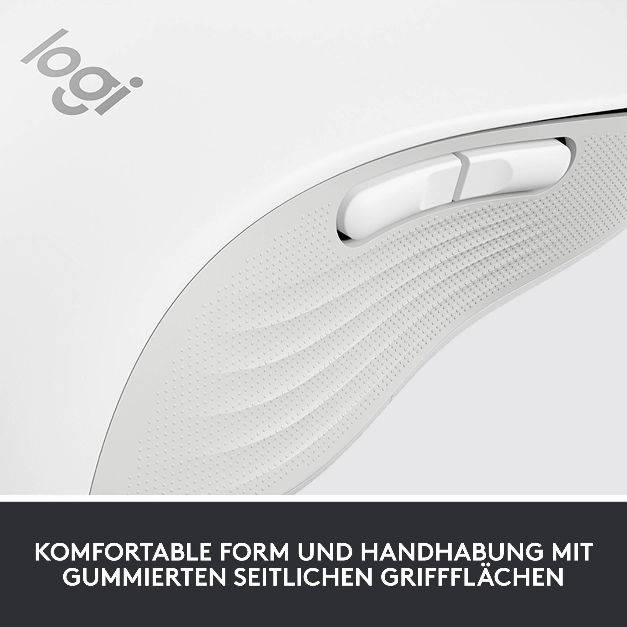 Gros plan sur une souris d'ordinateur blanche avec des surfaces de préhension latérales en caoutchouc et deux boutons. Texte : 'Forme et maniabilité confortables'.