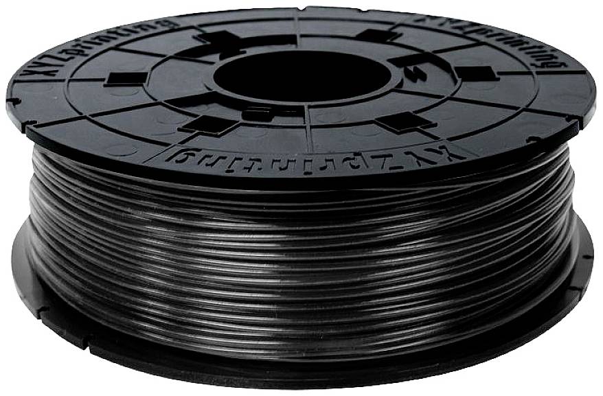 Bobine de filament d'imprimante 3D noir sur un rouleau noir, prête à être utilisée dans des imprimantes 3D.