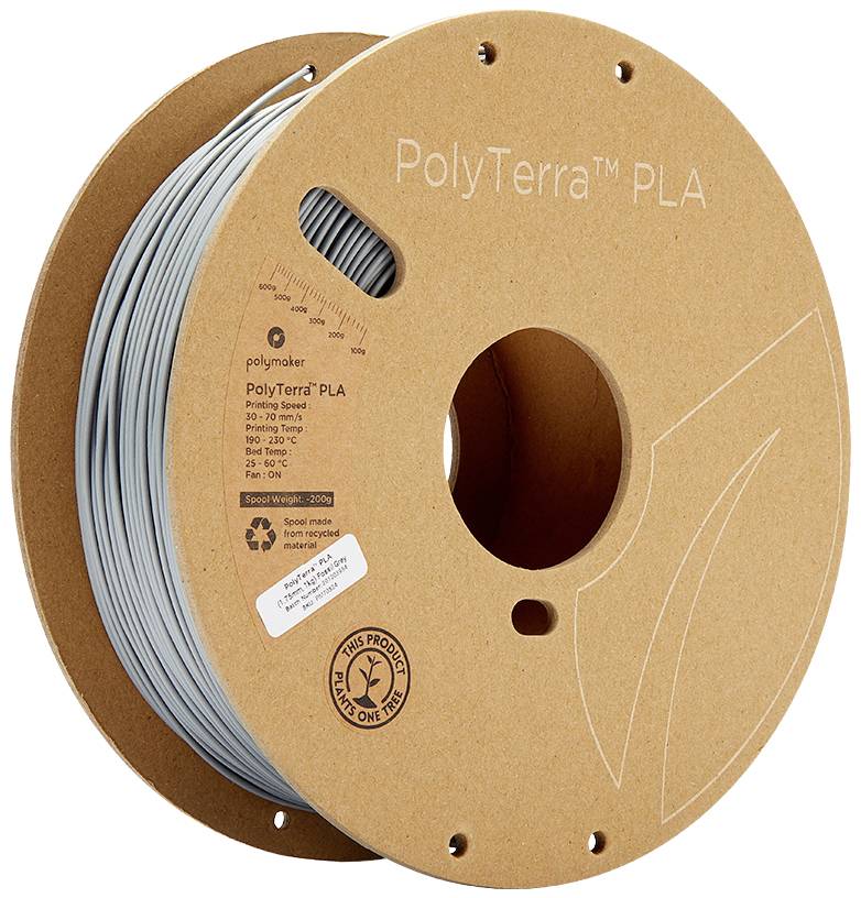 Bobine de filament PLA PolyTerra gris imprimé en 3D, montrant la marque 'Polymaker'.