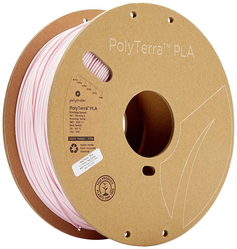 Rouleau de filament PLA 'PolyTerra' rose pour imprimante 3D, produit écologique sur bobine en carton, poids et taille de la bobine indiqués.