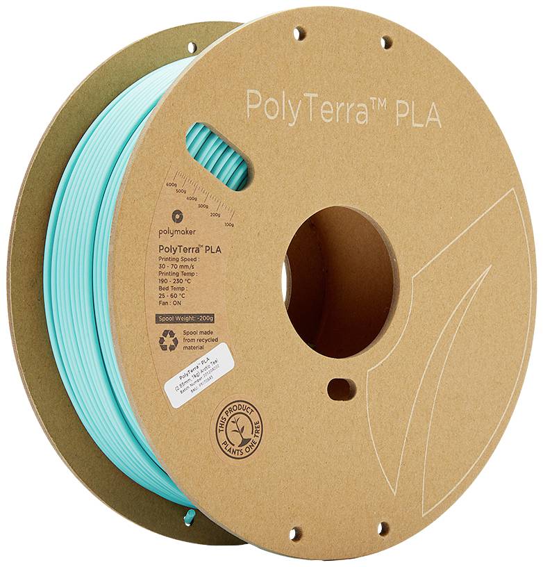 Rouleau de filament PLA PolyTerra de couleur turquoise par Polymaker, matériau d'impression 3D durable. Emballage en carton recyclé.