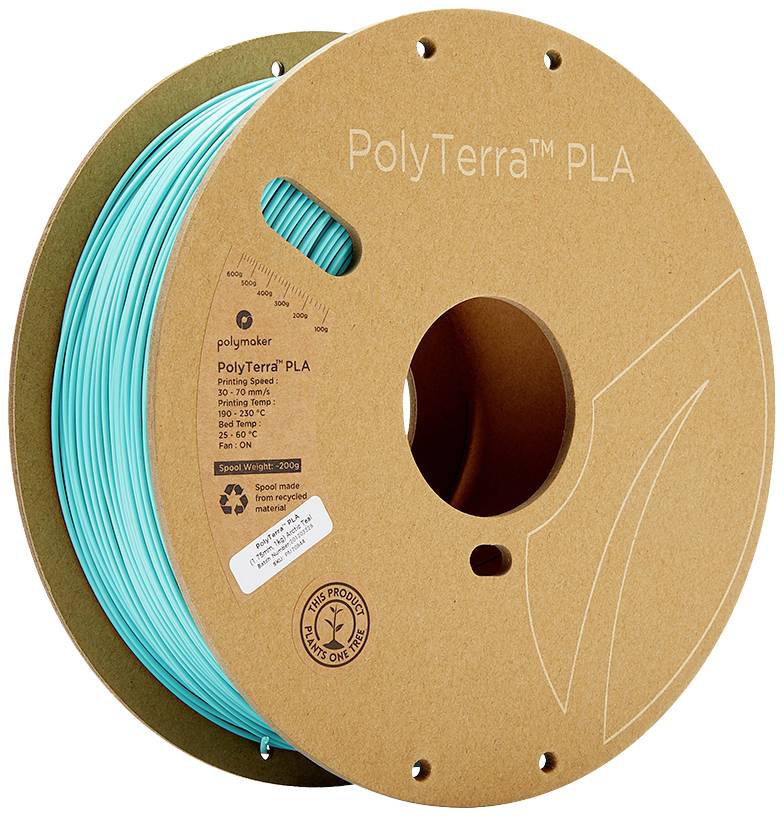 Une bobine de filament d'imprimante 3D turquoise en PolyTerra PLA de Polymaker. La bobine et le matériau sont biodégradables.