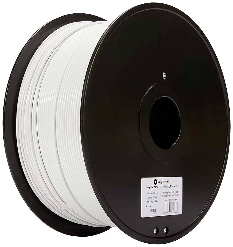 Bobine de filament d'imprimante 3D blanc, matériau plastique sur un rouleau en plastique noir, utilisé pour la fabrication additive.
