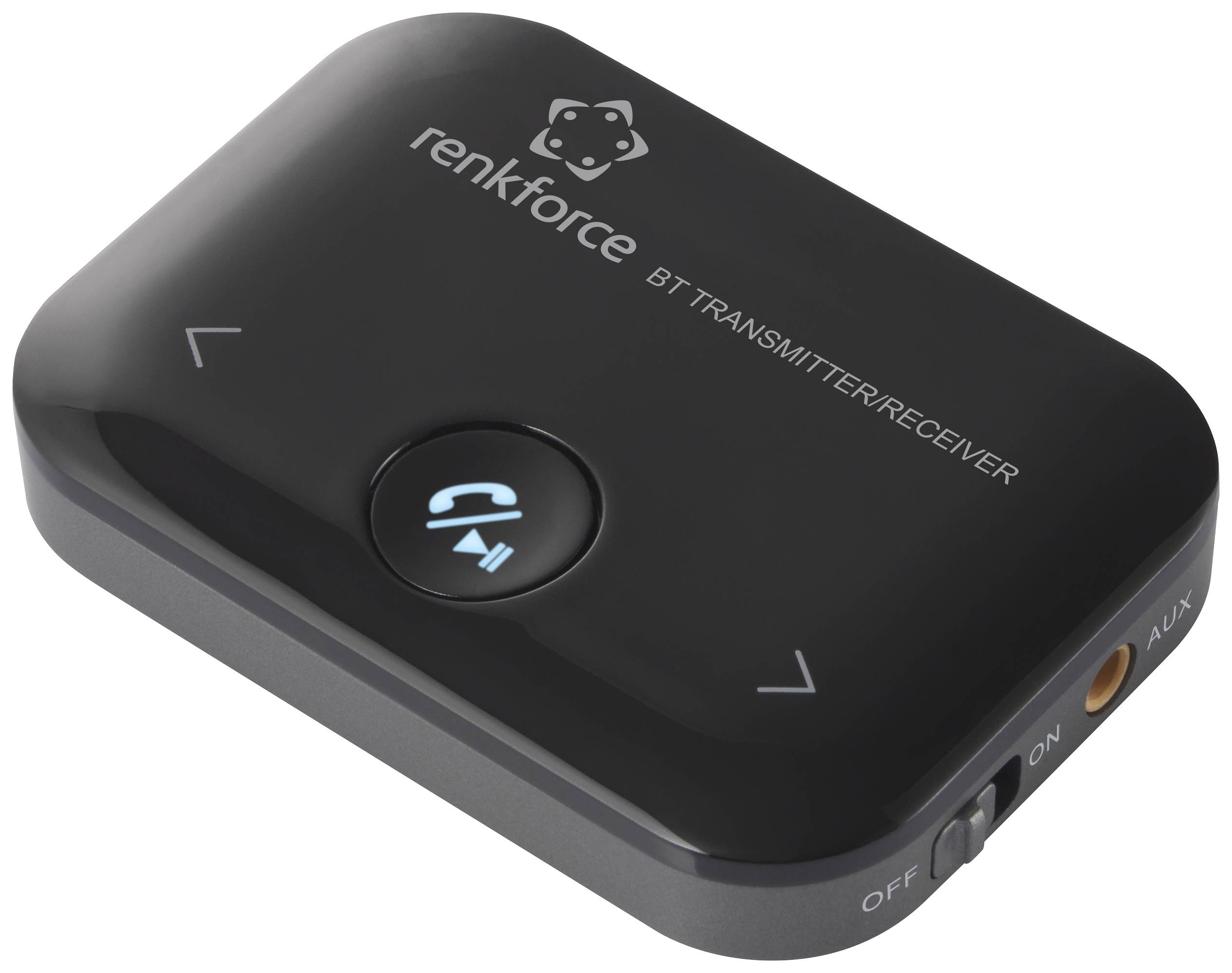 Émetteur/Récepteur Bluetooth Renkforce en noir avec interrupteur marche/arrêt, connexion AUX et symbole Bluetooth sur le dessus.