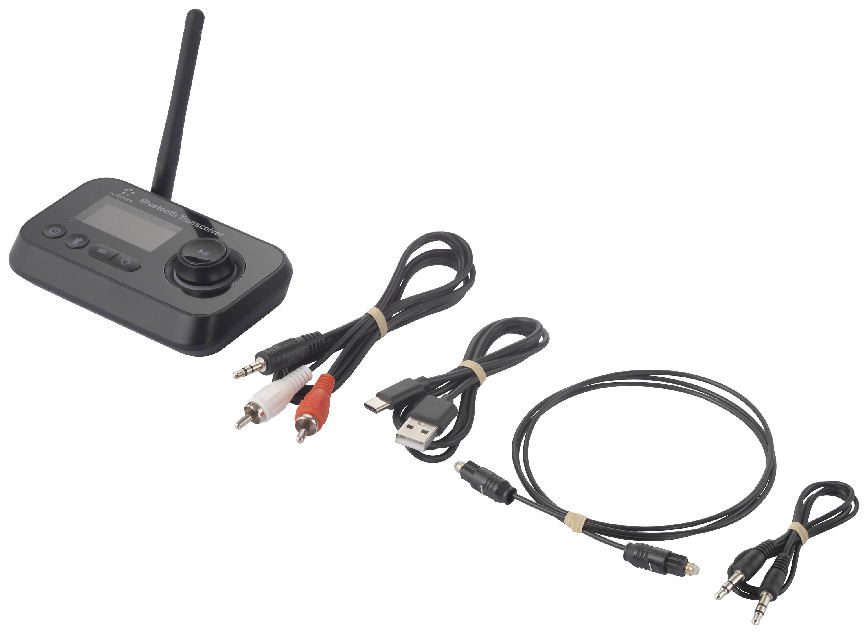 Un transmetteur Bluetooth noir avec écran et cinq câbles de connexion, comprenant des câbles RCA, USB et jack.