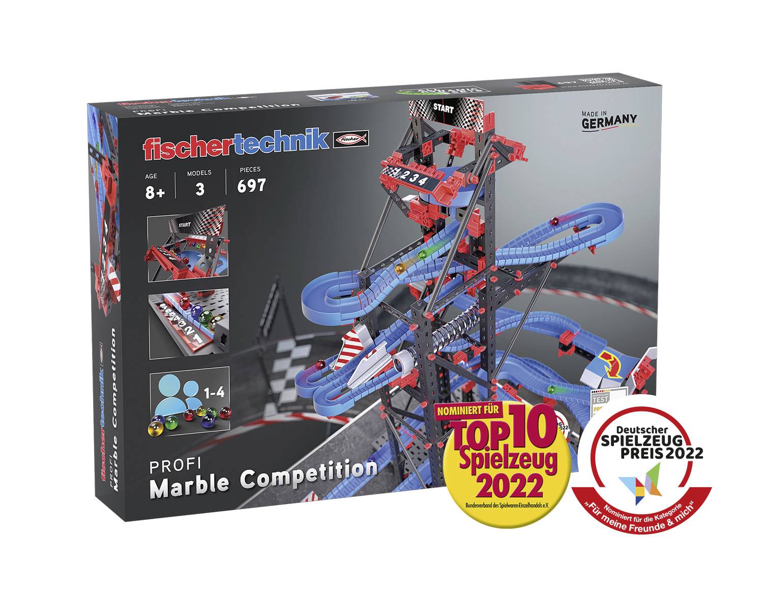 Kit de construction de circuit à billes, adapté aux enfants à partir de 8 ans. Contient 697 pièces. Nominé pour les prix du jouet 2022 en Allemagne.