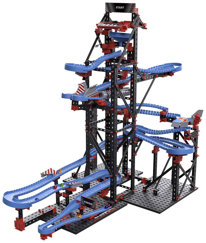 Grande piste de billes en blocs de construction avec des rails bleus sinueux et des supports rouges, illustrant les principes de mécanique et d'ingénierie.