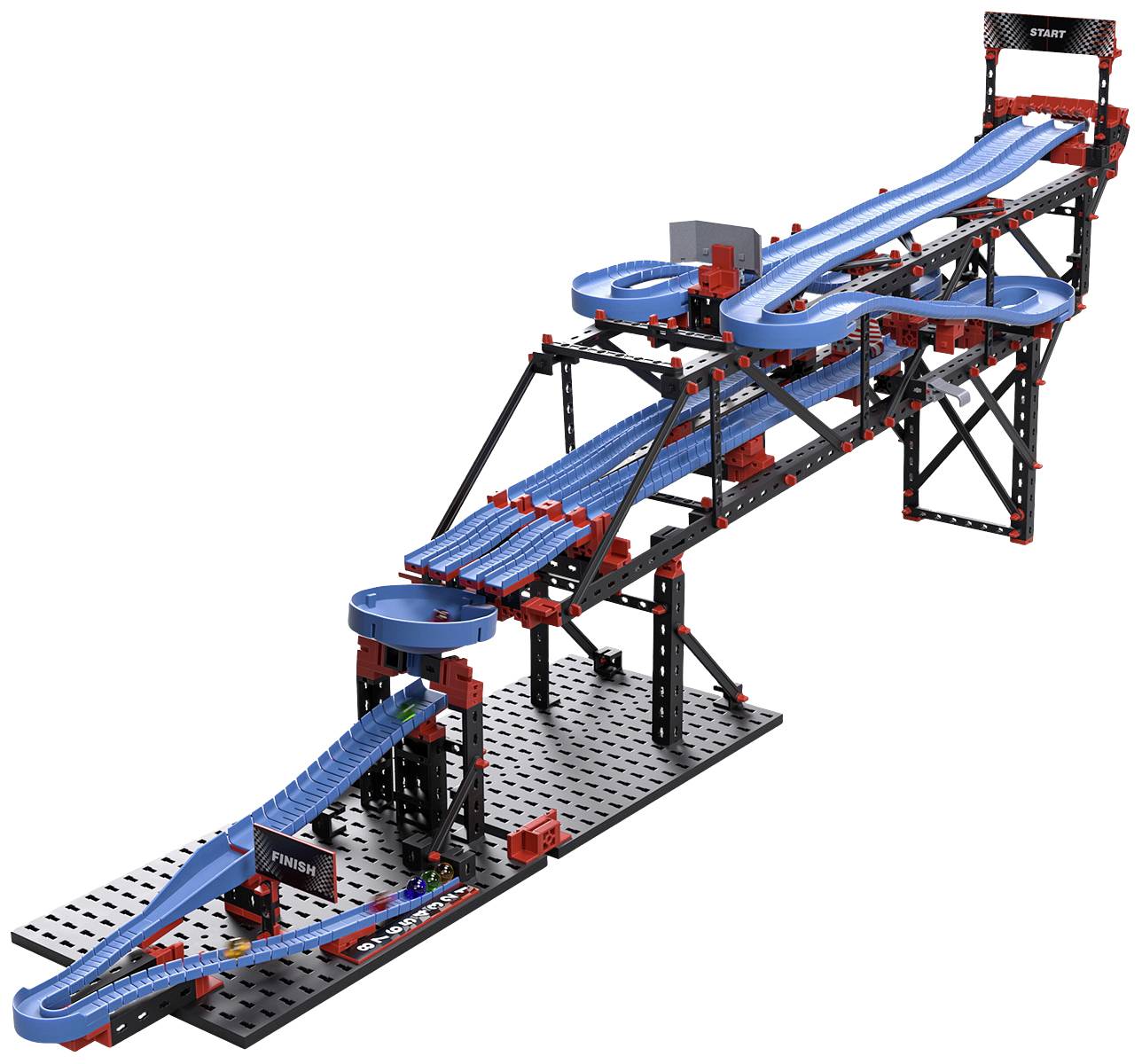 Construction d'une piste de course bleue et noire avec des boucles et des virages, zone de départ en haut à gauche, ligne d'arrivée en bas à gauche, design de circuit surélevé.