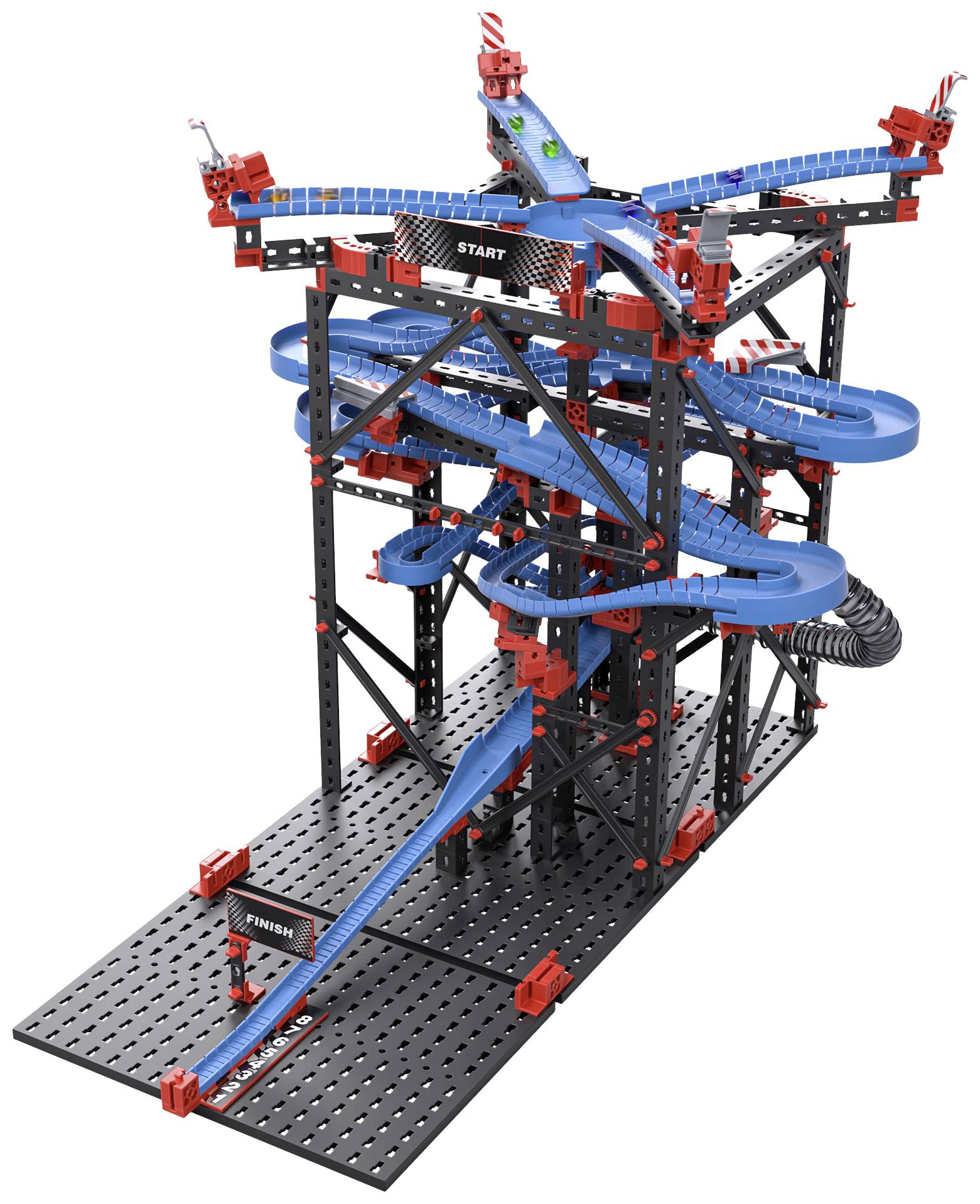 Un grand modèle d'un circuit de course avec des pistes sinueuses bleues sur une structure noire. Le départ et l'arrivée sont marqués.