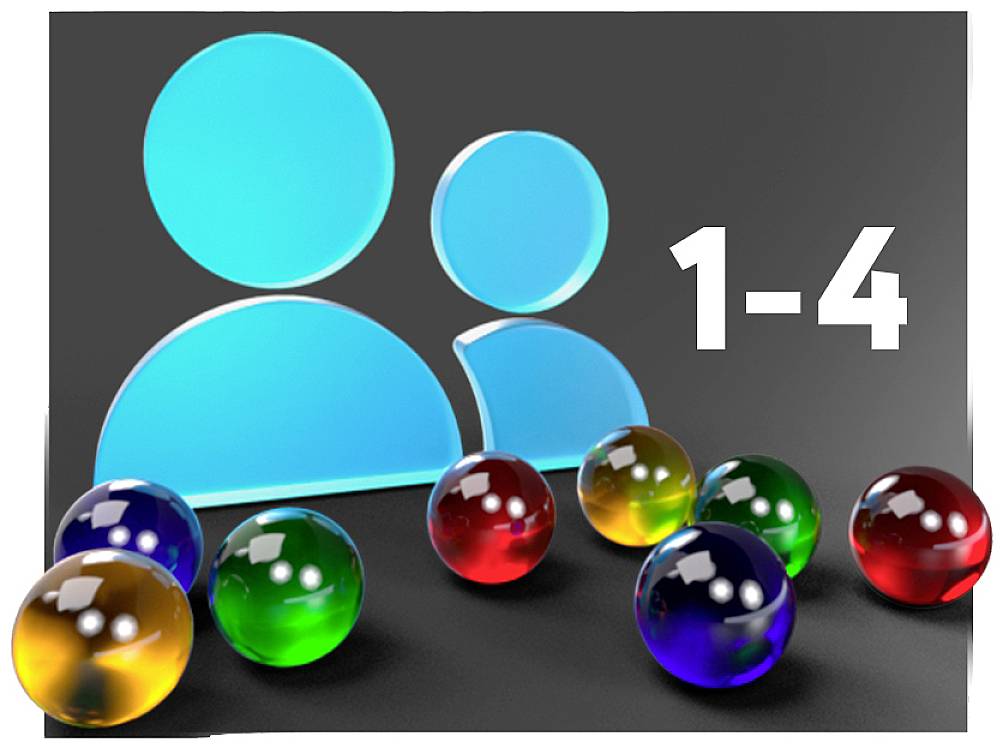 Des symboles de figures bleues sur un fond gris à côté des chiffres '1-4', entourés de boules colorées.