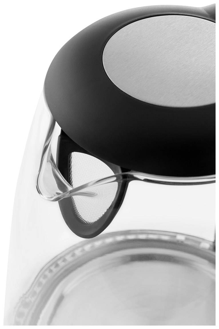 Partie supérieure d'une théière transparente avec un couvercle noir et un tamis. Convient à la préparation du thé directement dans la théière.