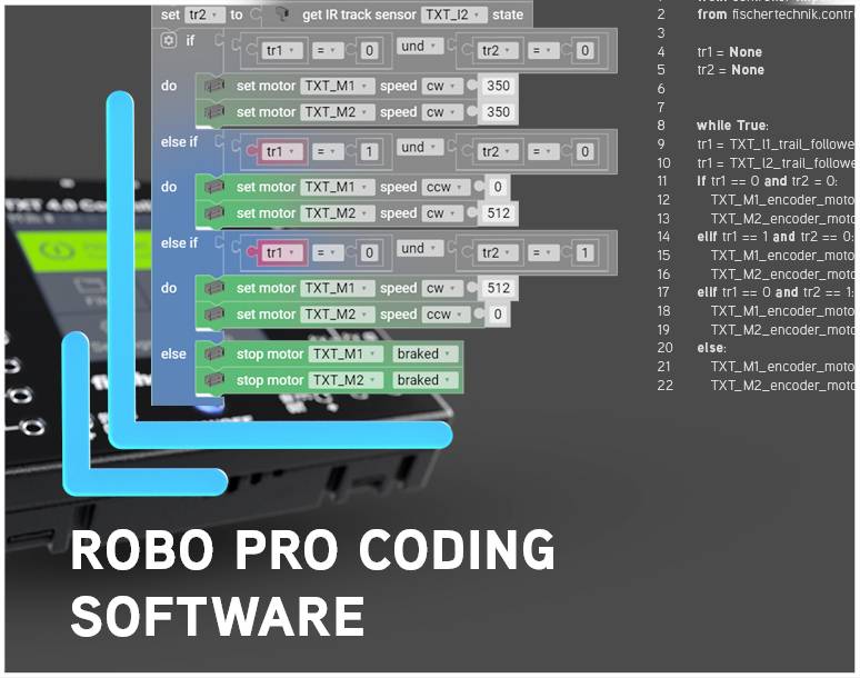 Le logiciel de programmation 'ROBO PRO Coding Software' affiche un écran avec un environnement de programmation graphique et des éléments de code qui définissent les commandes de moteurs.