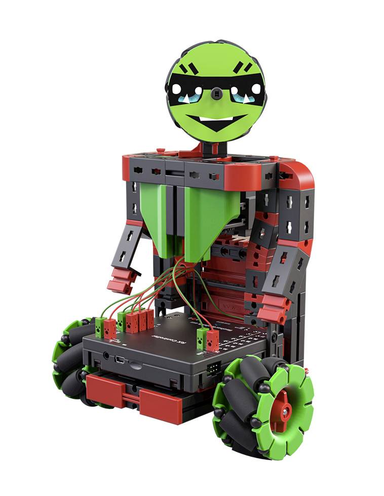 Petit robot à deux roues avec un visage souriant et une décoration verte. Câbles et composants visibles à l'intérieur.