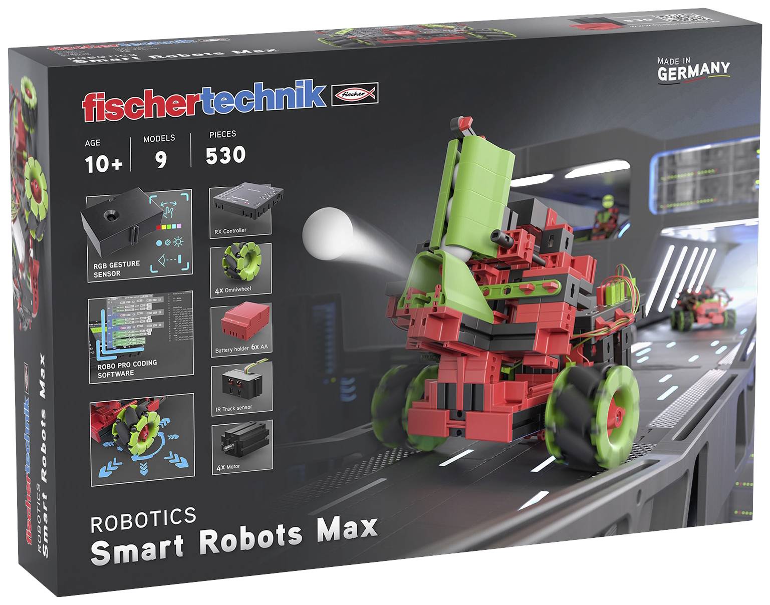 Kit de robots 'Smart Robots Max' de Fischertechnik. Contient 530 pièces pour 9 modèles. Recommandé pour les enfants à partir de 10 ans.