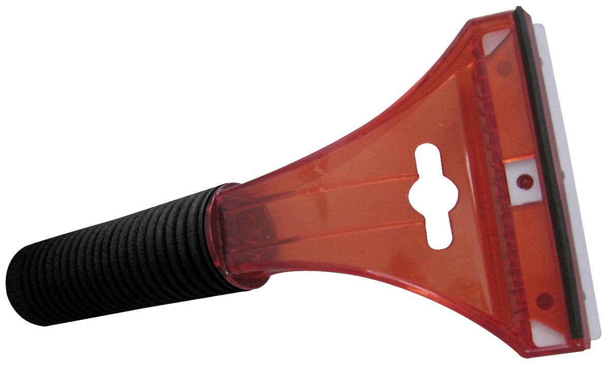 Un grattoir à glace rouge avec une poignée striée noire.