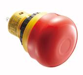 Bouton d'arrêt d'urgence rouge avec base jaune ; essentiel pour les arrêts de sécurité sur les machines et les installations.