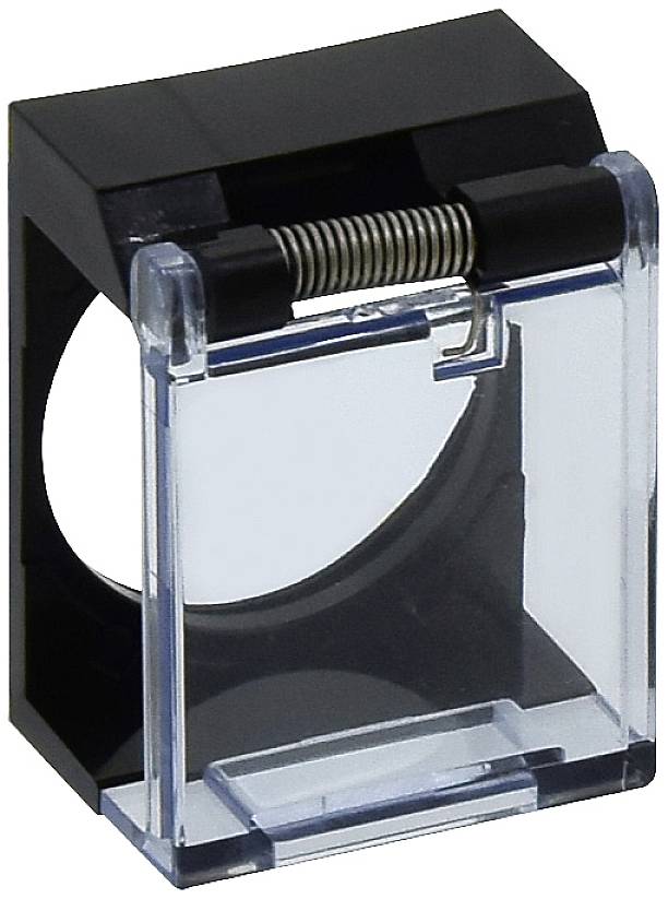 Support de rangement pliable en plastique transparent, de forme carrée, avec un couvercle noir et un mécanisme à ressort, ouvert.