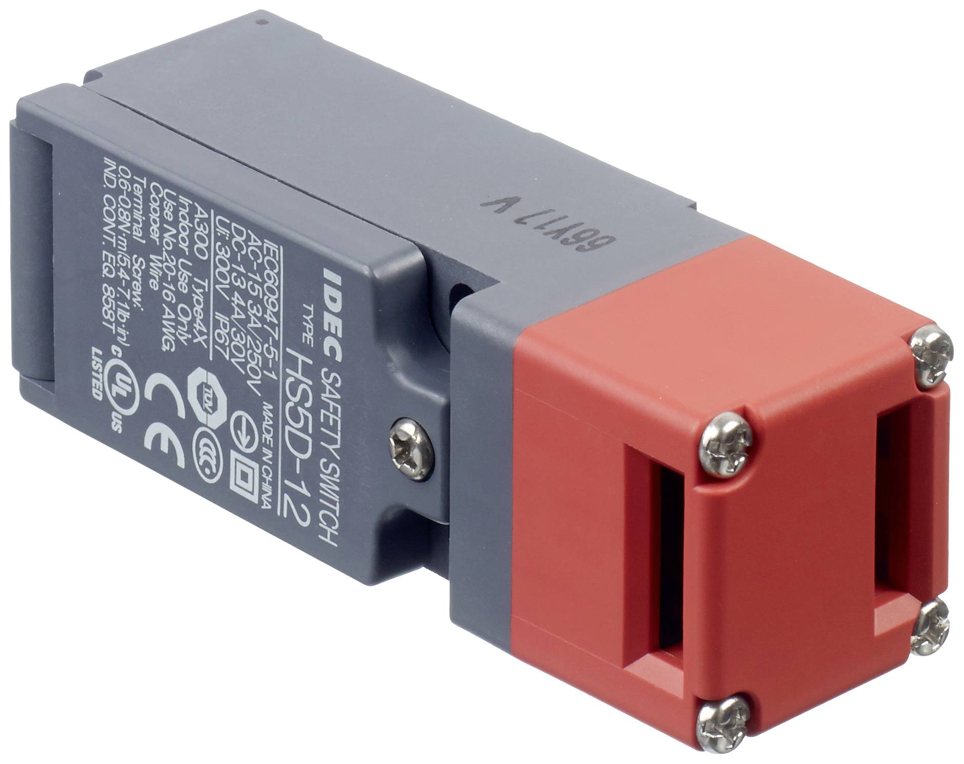 Interrupteur de sécurité IDEC, modèle HS5D-D12, boîtier gris avec élément rouge, détails techniques sur la surface du boîtier.