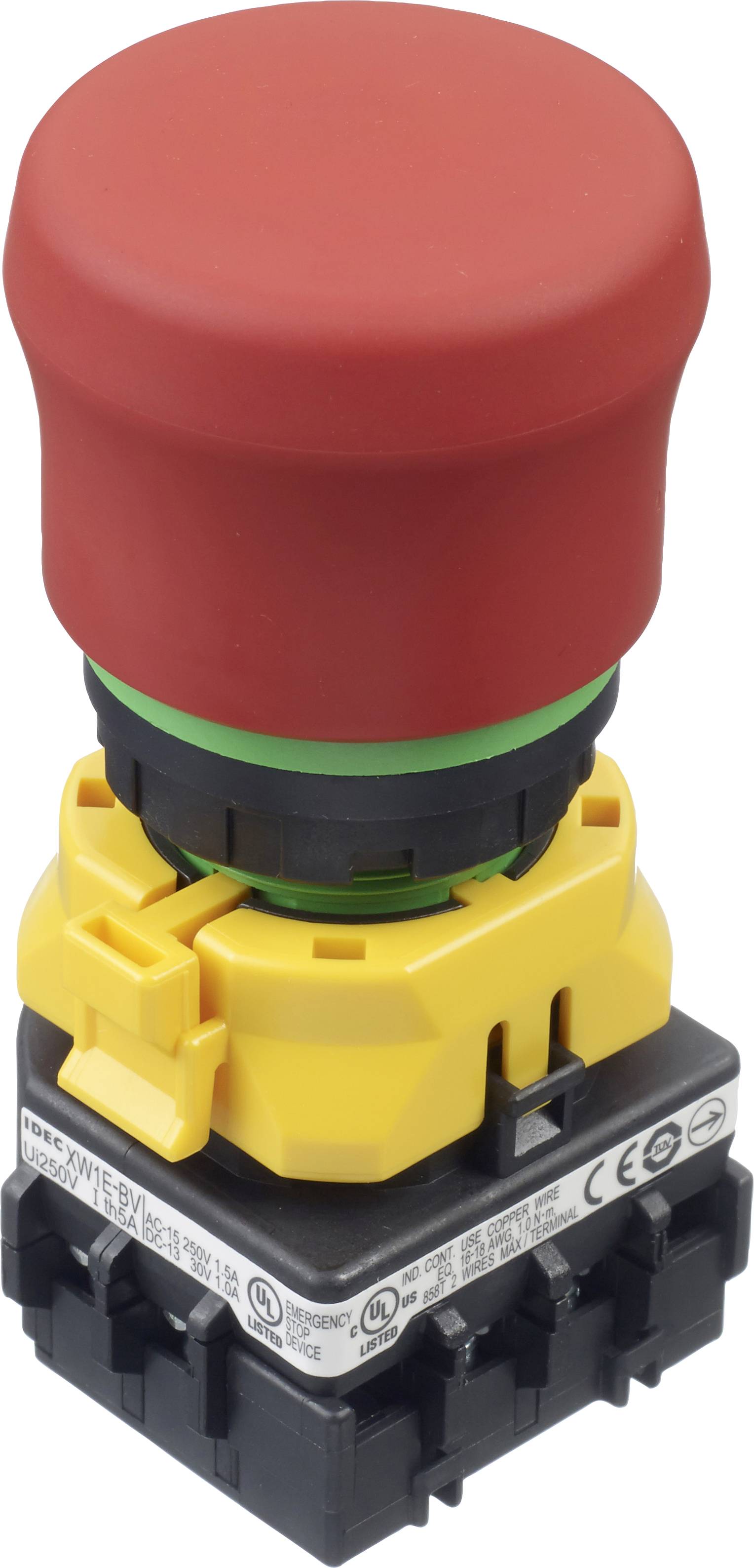 Un bouton d'arrêt d'urgence rouge de grande taille avec un socle jaune et un contour vert pour la sécurité industrielle.