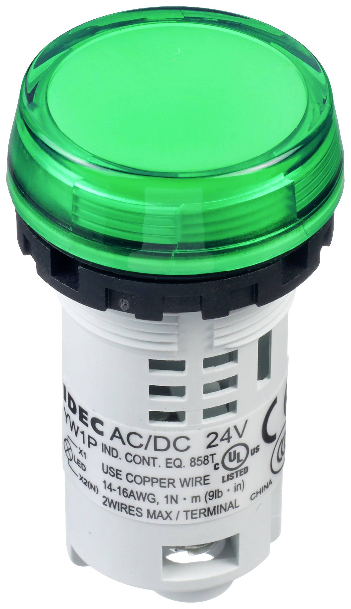 Bouton-poussoir lumineux indicateur vert avec l'inscription 'IDE C AC/DC 24V'. Utilise un fil de cuivre, certifié UL.