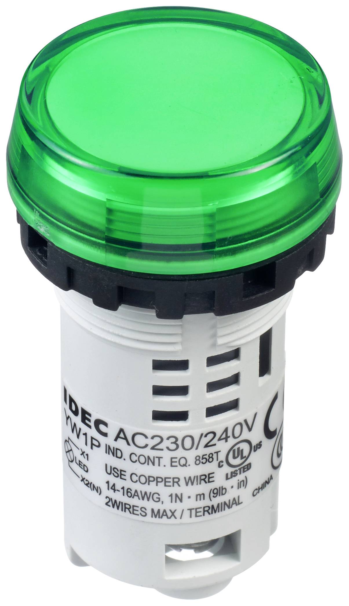 Indicateur lumineux vert, rond, avec base noire, pour tensions de 230/240V AC. Adapté pour les systèmes de commande et le design industriel.