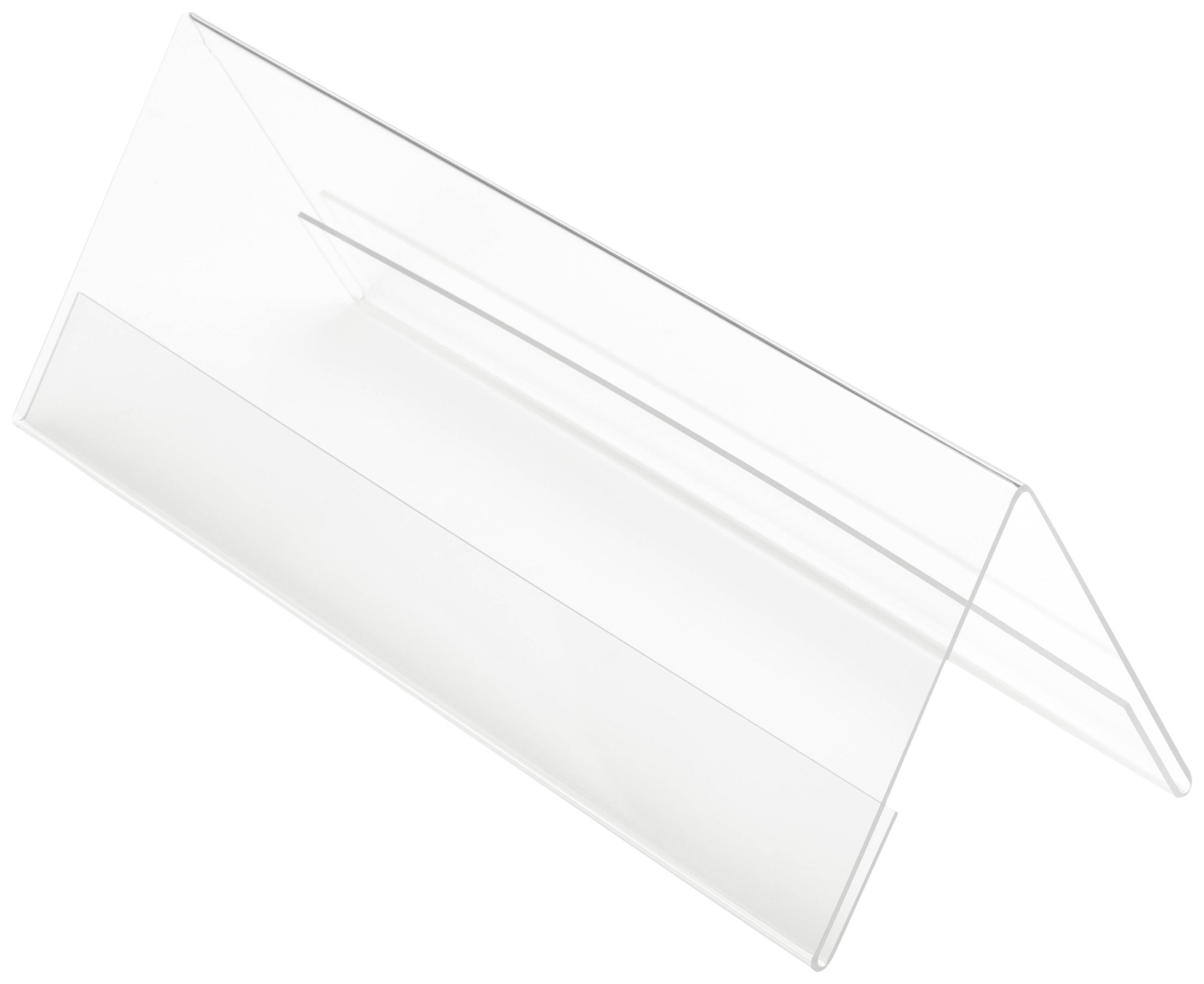 Un présentoir en acrylique transparent de forme A, souvent utilisé pour présenter des informations ou des menus sur des tables.