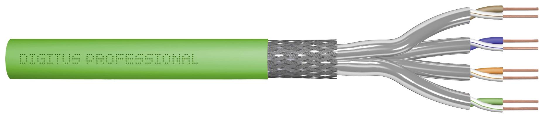 Câble Ethernet vert portant l'inscription 'DIGITUS PROFESSIONAL', composé de huit paires torsadées de cuivre, adapté aux connexions réseau.