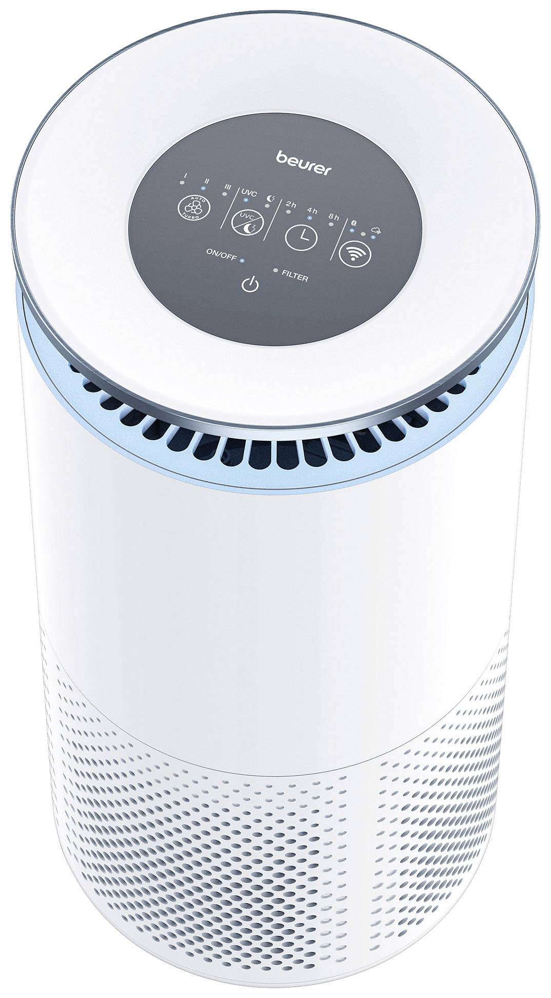 Un purificateur d'air rond avec un panneau de commande en haut affichant des symboles de vitesse de ventilation, de minuterie et d'indicateur de filtre. Un interrupteur marche/arrêt est présent.