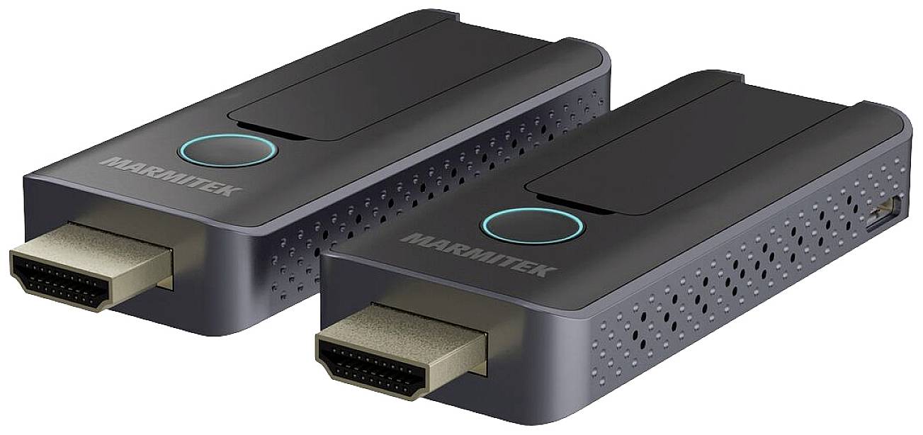 Deux dongles HDMI avec boîtier noir et anneau lumineux bleu. Ils sont destinés à la transmission sans fil de signaux audio et vidéo.