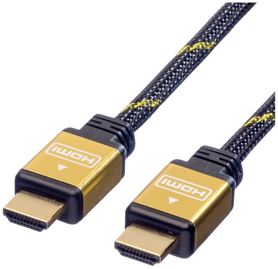 Deux câbles HDMI dorés avec une gaine tressée noire, utilisés pour la transmission de signaux audio et vidéo.