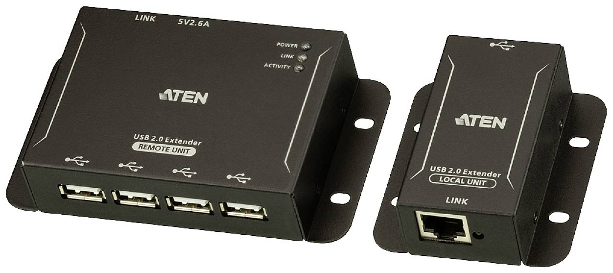 Deux unités d'extension USB 2.0 noires d'ATEN, l'une étiquetée comme « UNITÉ DISTANTE » avec trois ports USB, l'autre comme « UNITÉ LOCALE ».