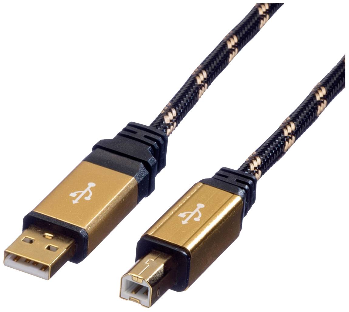 Câble d'imprimante USB au design noir et or, avec connecteurs USB-A et USB-B 2.0, adapté aux connexions entre ordinateurs et imprimantes.