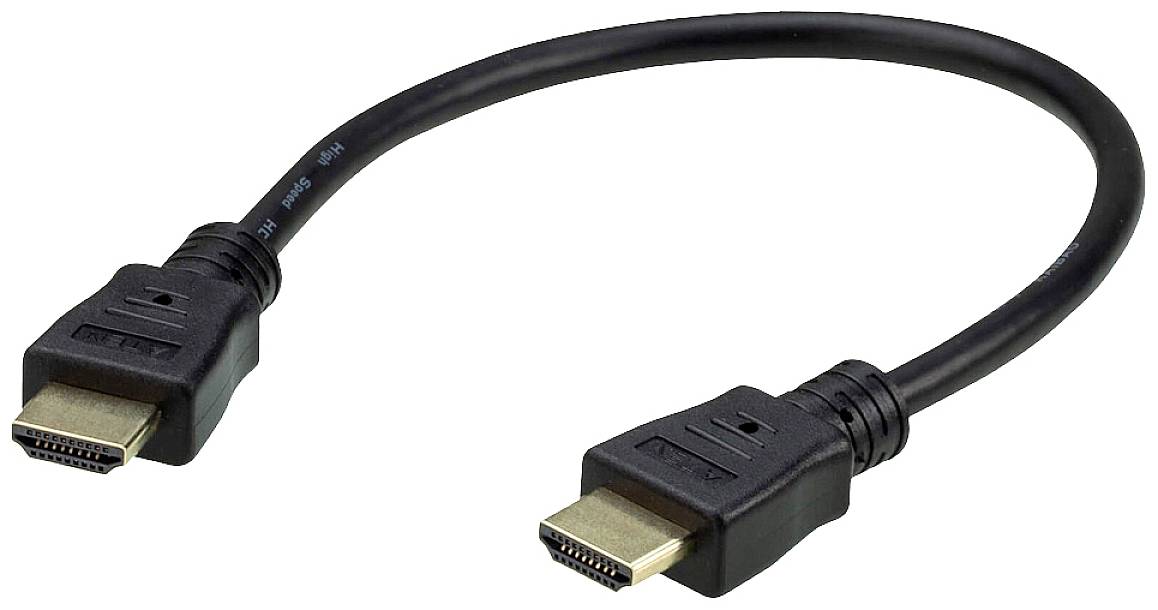 Un câble HDMI noir avec des connecteurs aux deux extrémités, adapté pour la transmission audio et vidéo haute définition entre différents appareils.